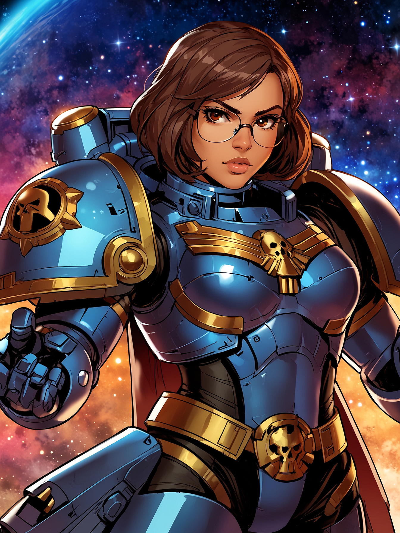 Hispanic female space marine adult mid-length brown hair brown eyes medium brown skin blue and gold battle armor wearing glasses