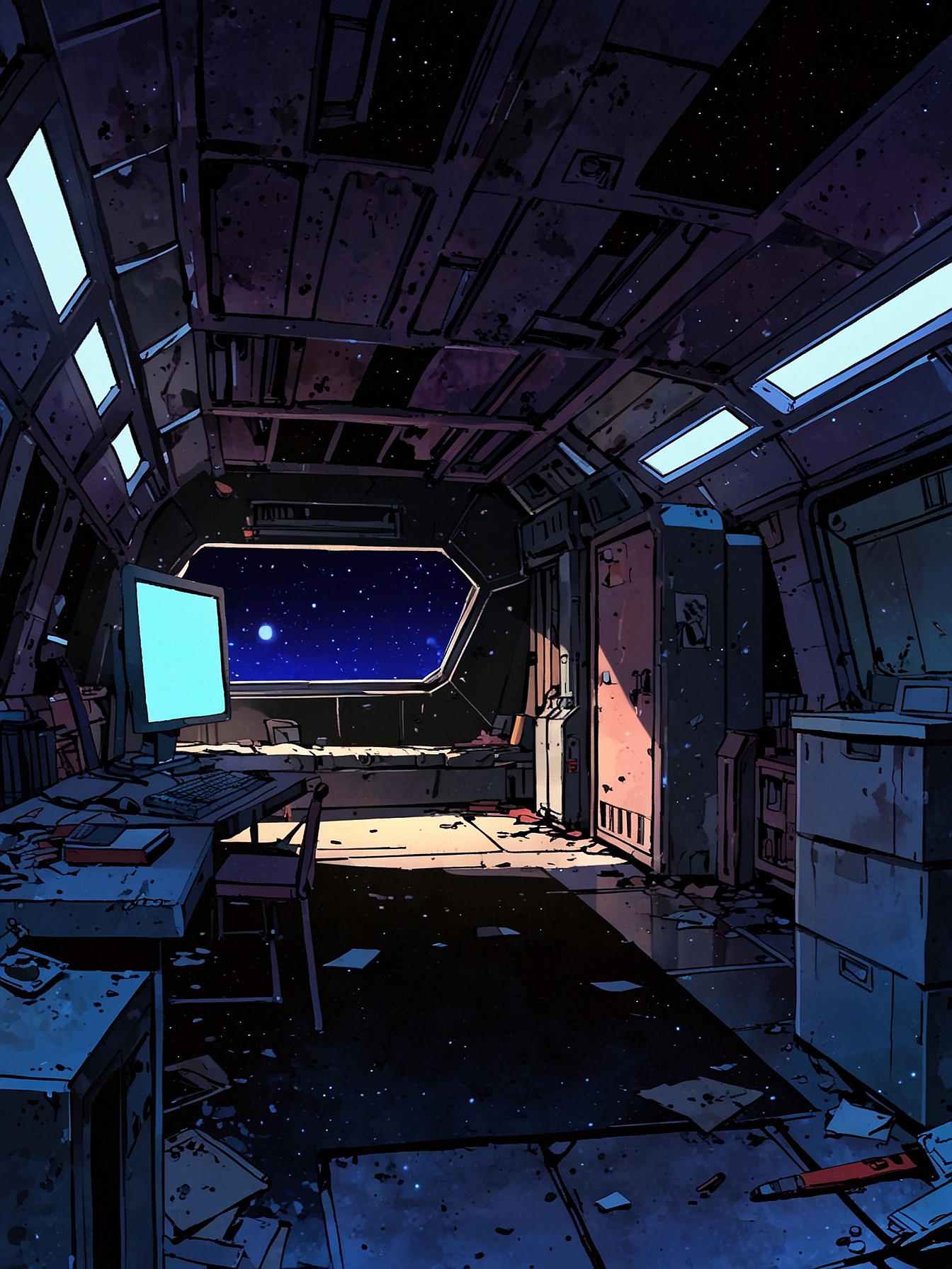 A dark, somber room on a space craft. Sci fi. It's abandoned with overturned furniture and items. Dust is everywhere. The room is HUGE with a closed damaged doorway at the far end.