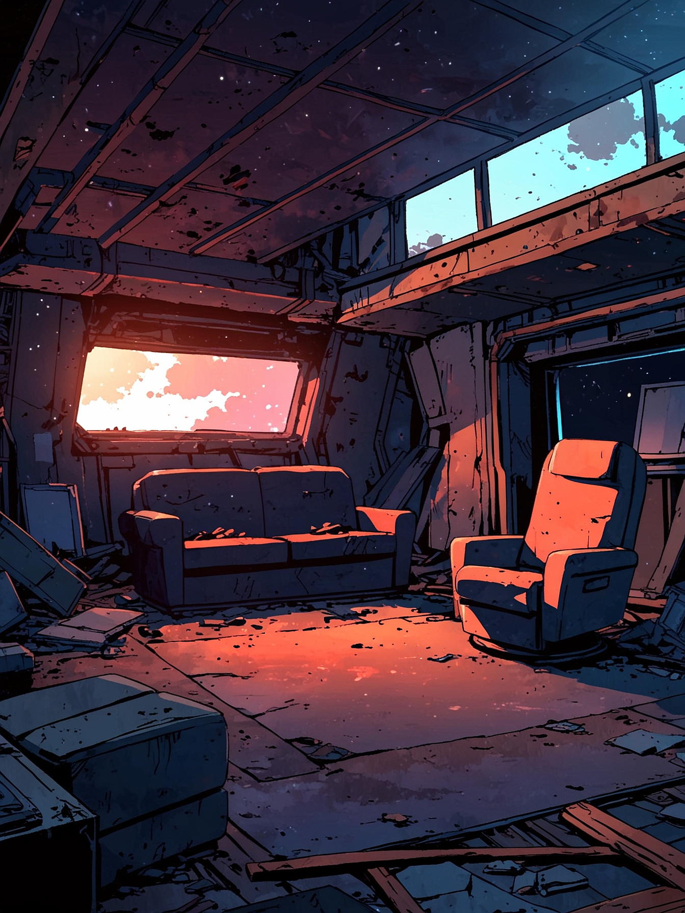 Space ship, sci-fi, destroyed room, overturned furniture, dark atmosphere, horror, couch, chairs, living room, NO WINDOWS, no windows, NO WINDOWS