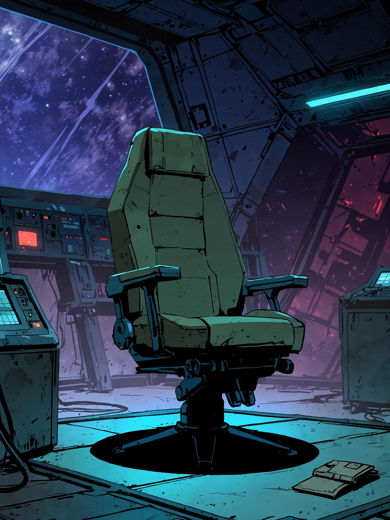 Spaceship, sci-fi, command center, metal pilot chair, destroyed, dark atmosphere