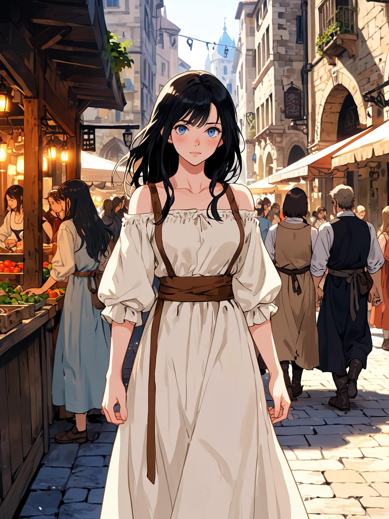 You escort Elara through the city, keeping an eye out for her pursuer. Occasionally, you believe you get a glimpse of the figure in black in the crowd, but you're never able to get a good look. You keep one hand close to your sword, just in case. You can't help but be curious about her situation.