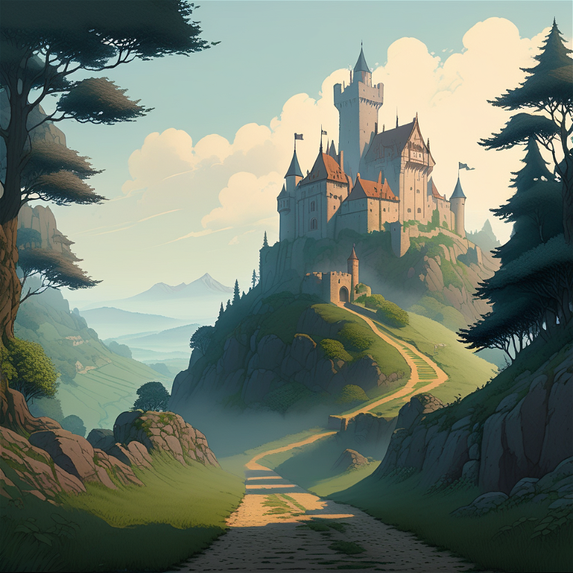 A foreboding castle looms in the distance, shrouded by a dense morning mist. Its towering spires pierce the gray sky as weathered stone walls guard the forgotten secrets within. A path winds through the overgrown wilderness leading to its silent gates.