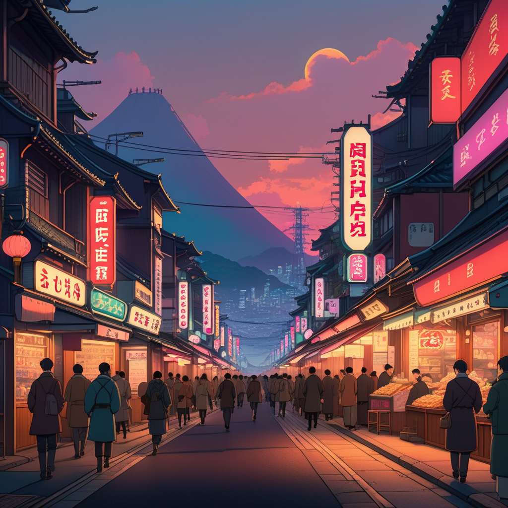 The bustling street comes alive as dusk falls; neon signs ignite, casting a vibrant glow over the eclectic storefronts. Steam wafts from street food stalls, flavoring the cool air, while a symphony of city sounds creates an urban lullaby.