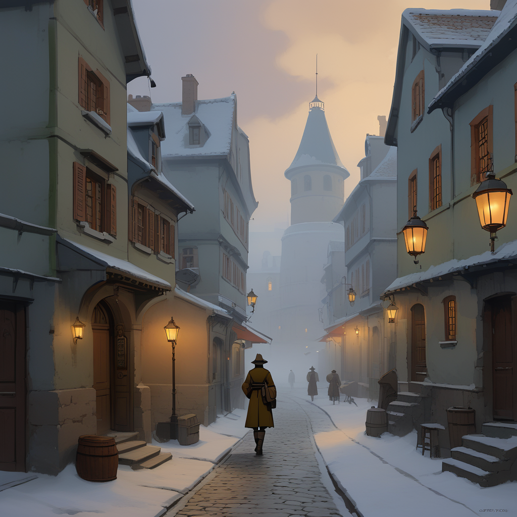Dense fog, cobblestone streets, ancient buildings, leaning structures, obscured paths
