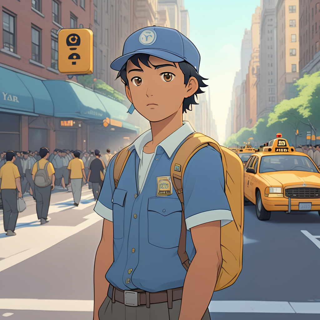 Young adult male delivery guy with short black hair tan skin in a blue uniform shirt and cap, crowded New York City street in the morning, skyscrapers, walking pedestrians, yellow cabs