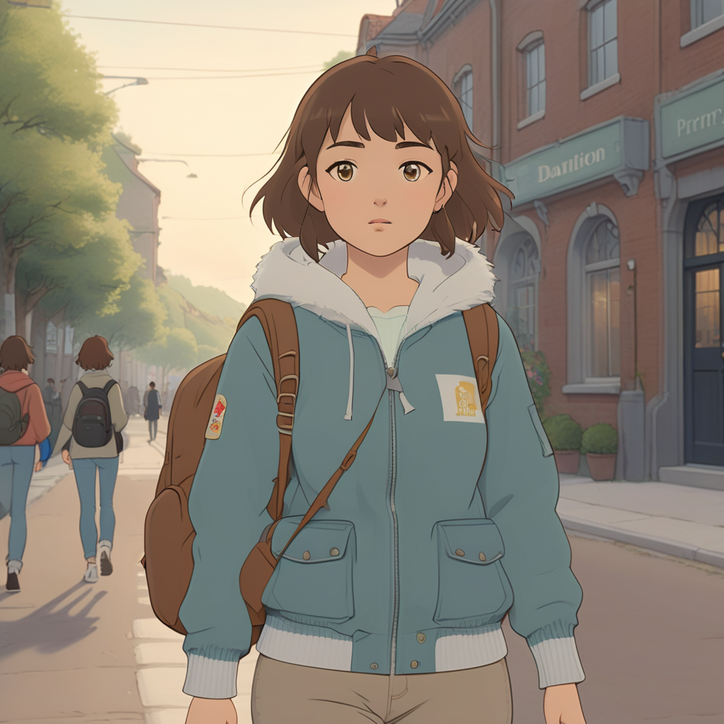 A female university student with brown hair and fair skin wearing a casual hoodie jeans and a backpack is walking in the street