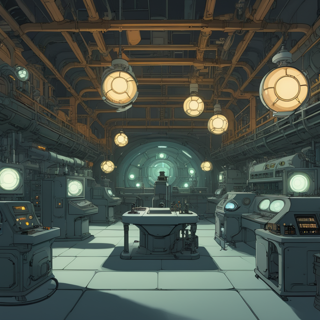 Interior of a large laboratory, futuristic equipment combined with steampunk elements, deserted workstations, dim lighting.
