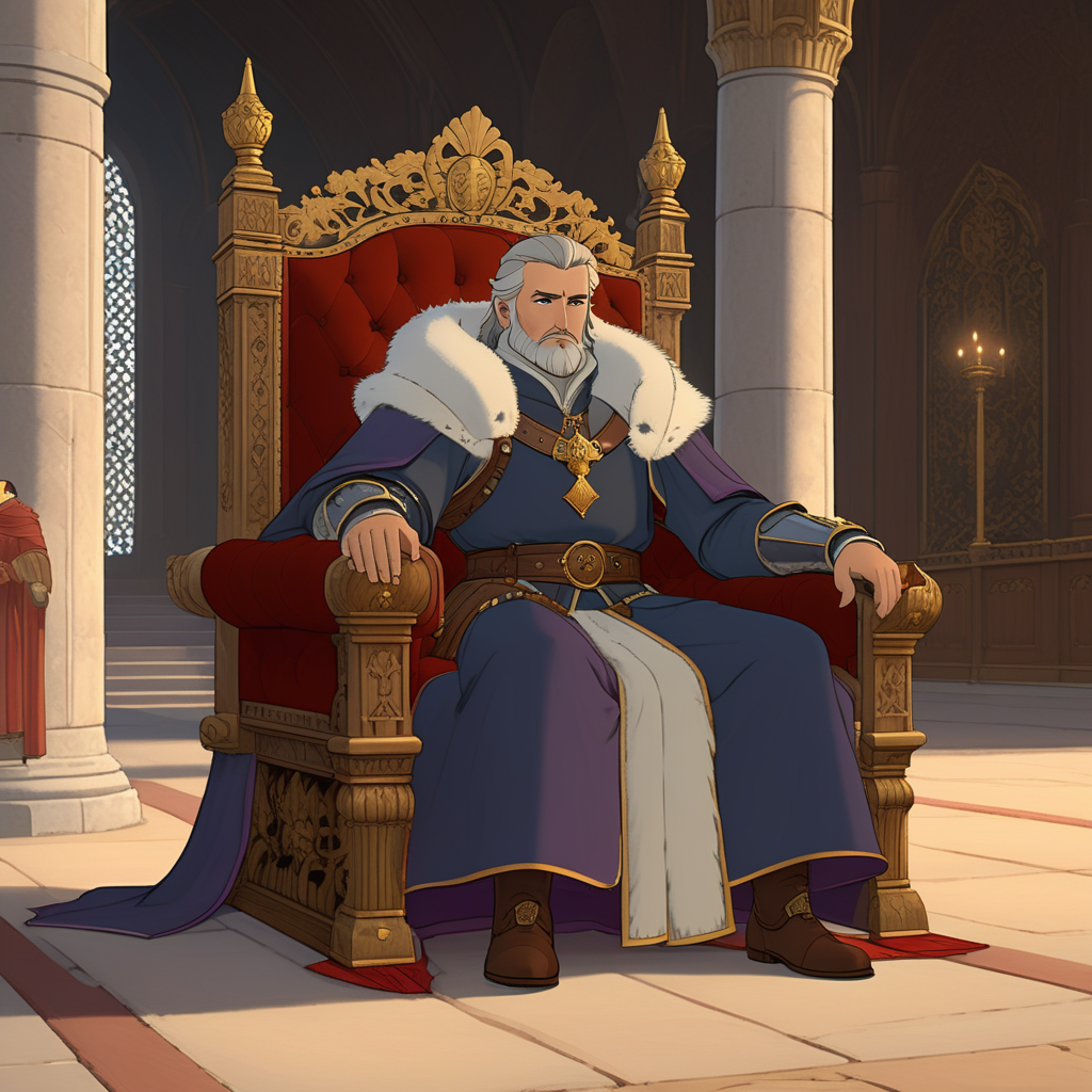 King Alexander is a regal figure, standing solemnly by the throne in the great hall, his hand resting on the gilded armrest, the surrounding courtiers in hushed conversation, expressions of concern etched on their faces, the air filled with the scent of incense and polished wood.