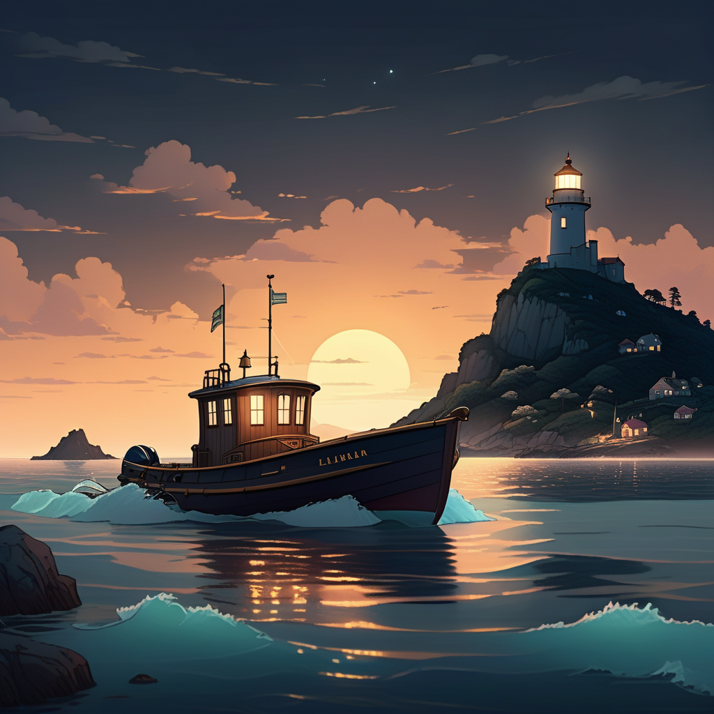 small+ boat on a vast ocean, an island in the distance with a lighthouse, night light, dark atmosphere 