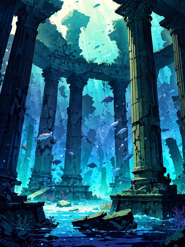 You decide to navigate the murky depths, pushing through schools of iridescent fish as ancient columns and shattered statues loom in the dim light.