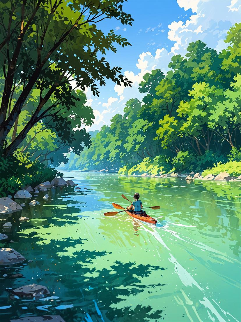 You dip your paddle into the water, gliding along the calm river. Surrounding you is a lush landscape, vibrant with the sounds of nature as the sun reflects off the gentle ripples.