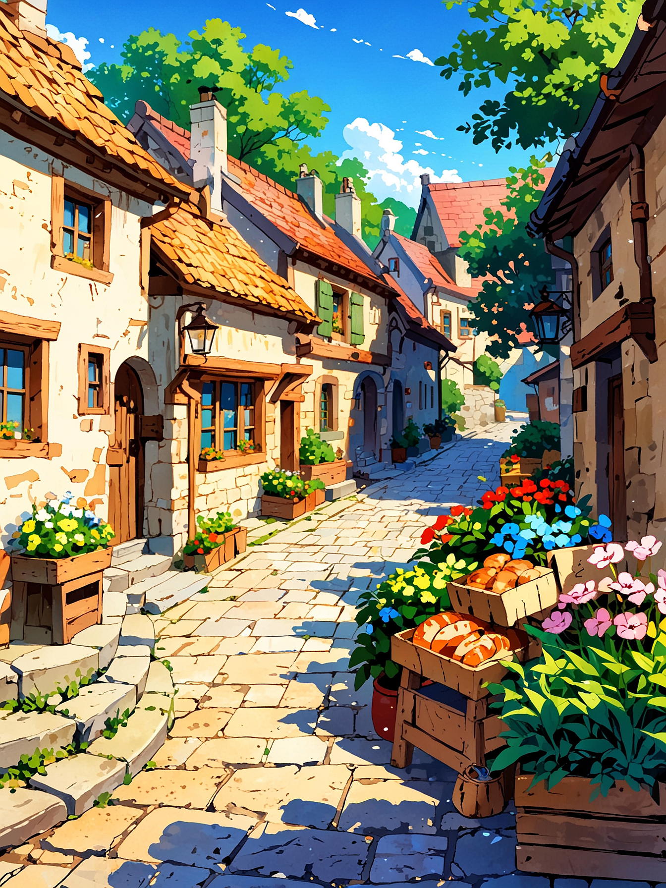 cobblestone streets, charming cottages, bustling marketplace, friendly villagers, fresh bread, blooming flowers