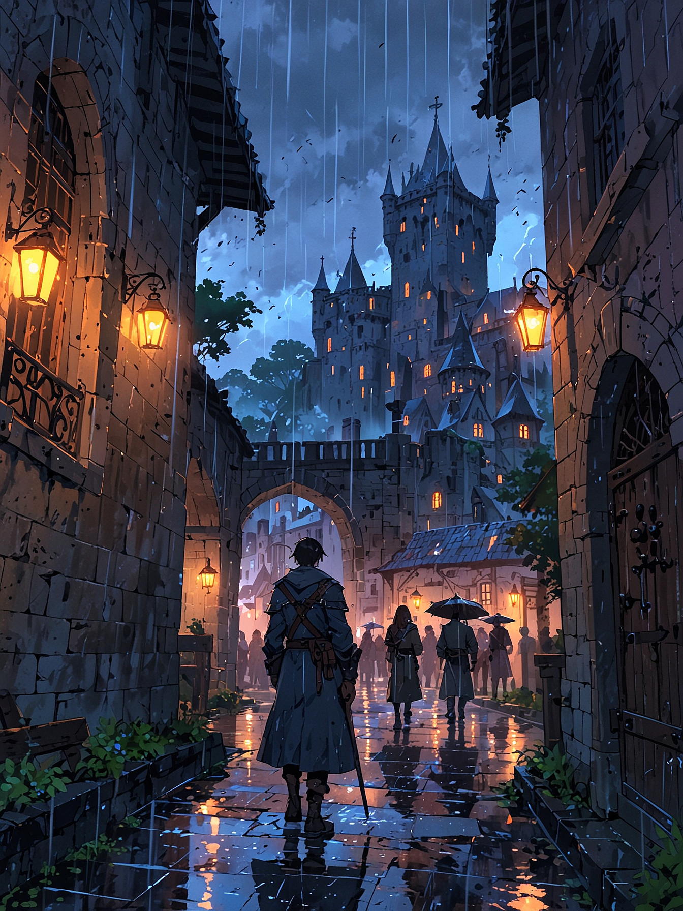 Dark medieval city of Greymoor, raining, town gate, drenched guard, adventurer seeking work