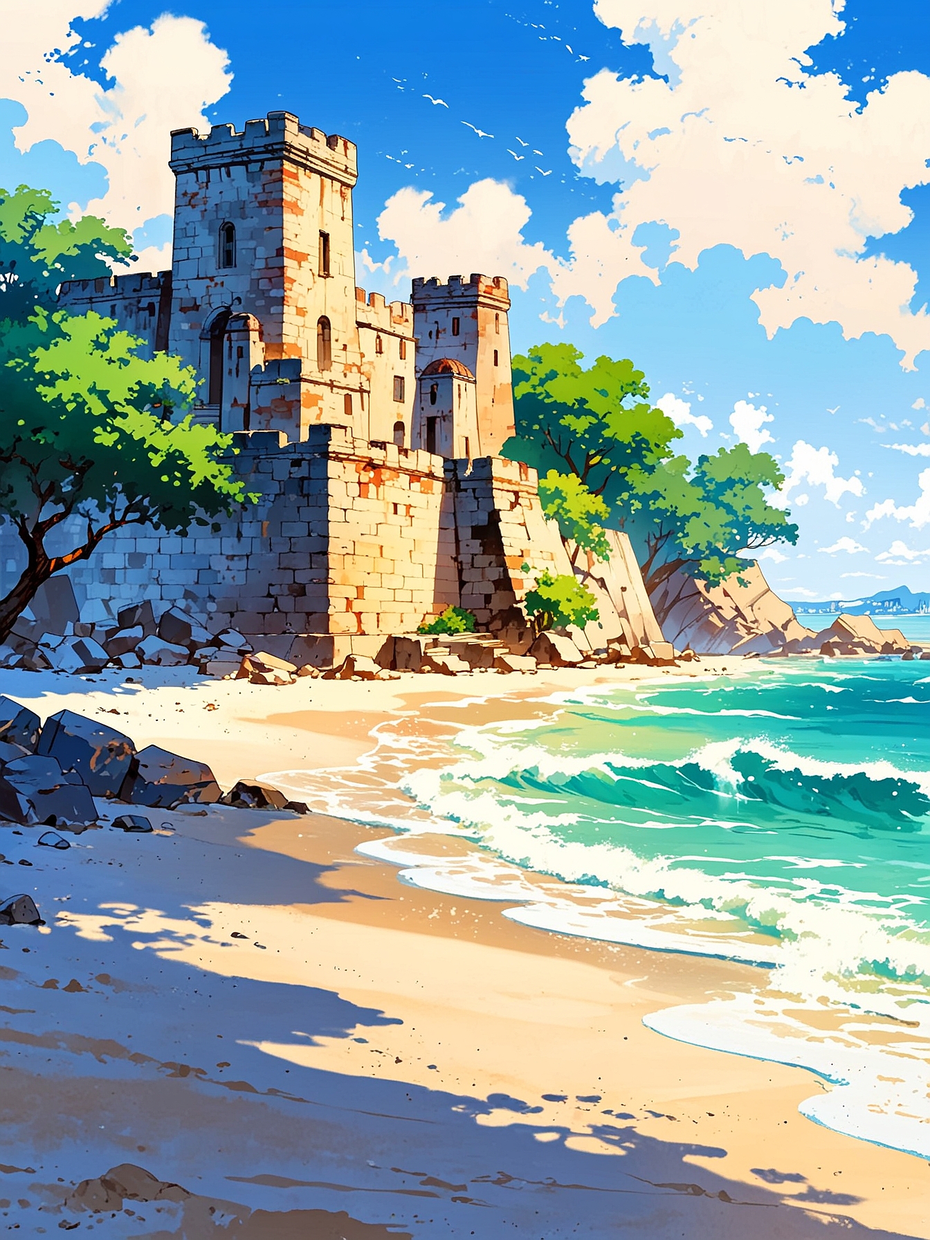 Ethereal old town by the ocean with ancient structures, gentle waves, soft sandy shoreline