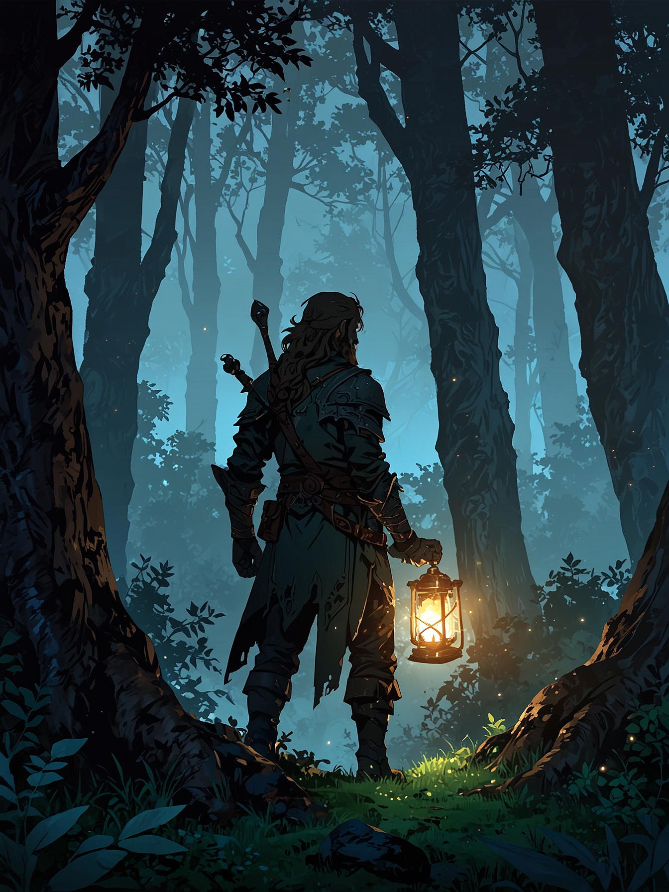 dark forest, adventurer with a lamp looking at it, fantasy, dark fantasy++, back turned, night, fog, grim, horror++, mature adventurer, long hair, beard, armor++