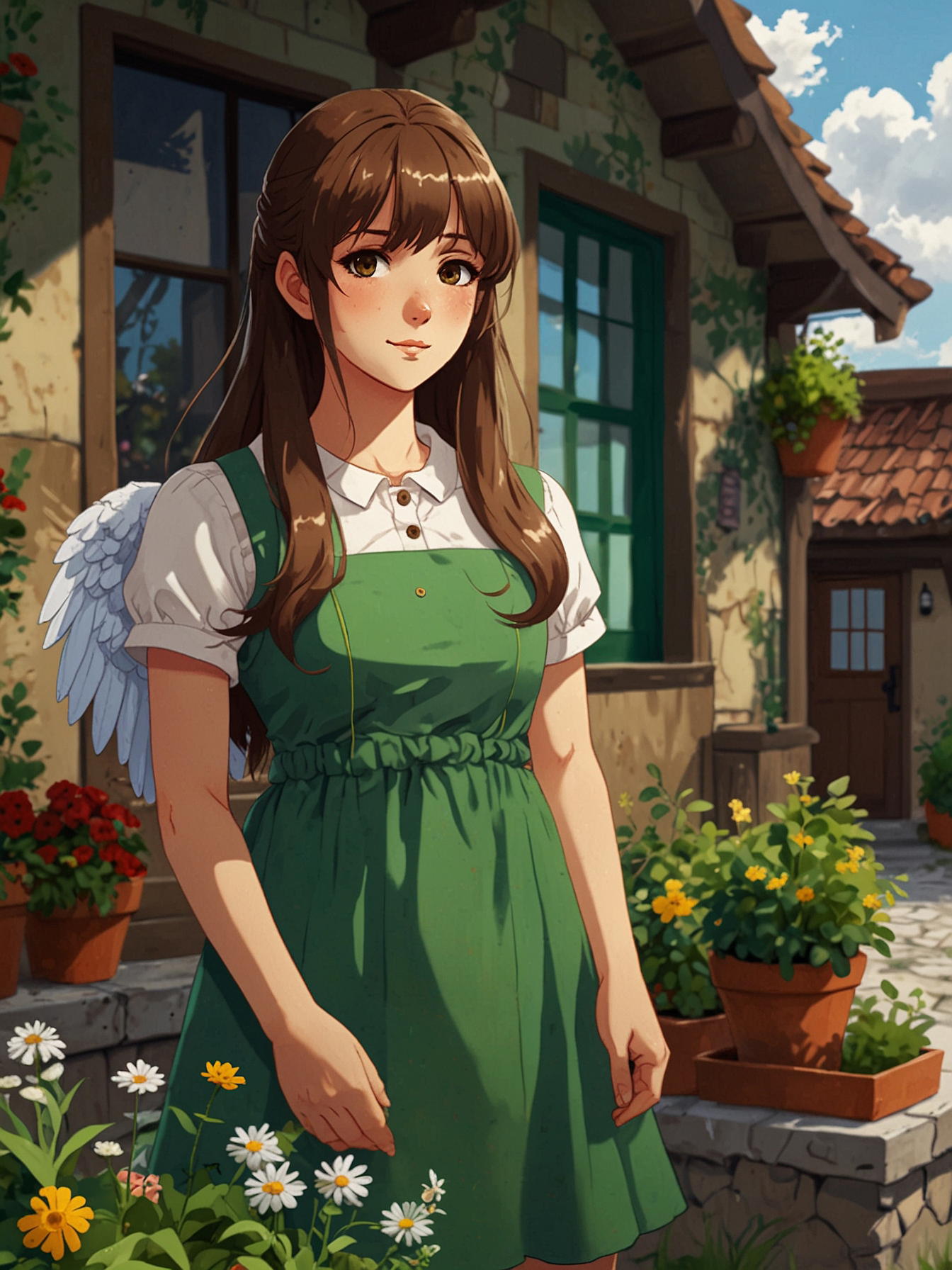 female adult with long brown hair brown eyes fair skin wearing a green dress with large wings, suitable for kid, a green village with colorful flowers and house, an a sewing store in background