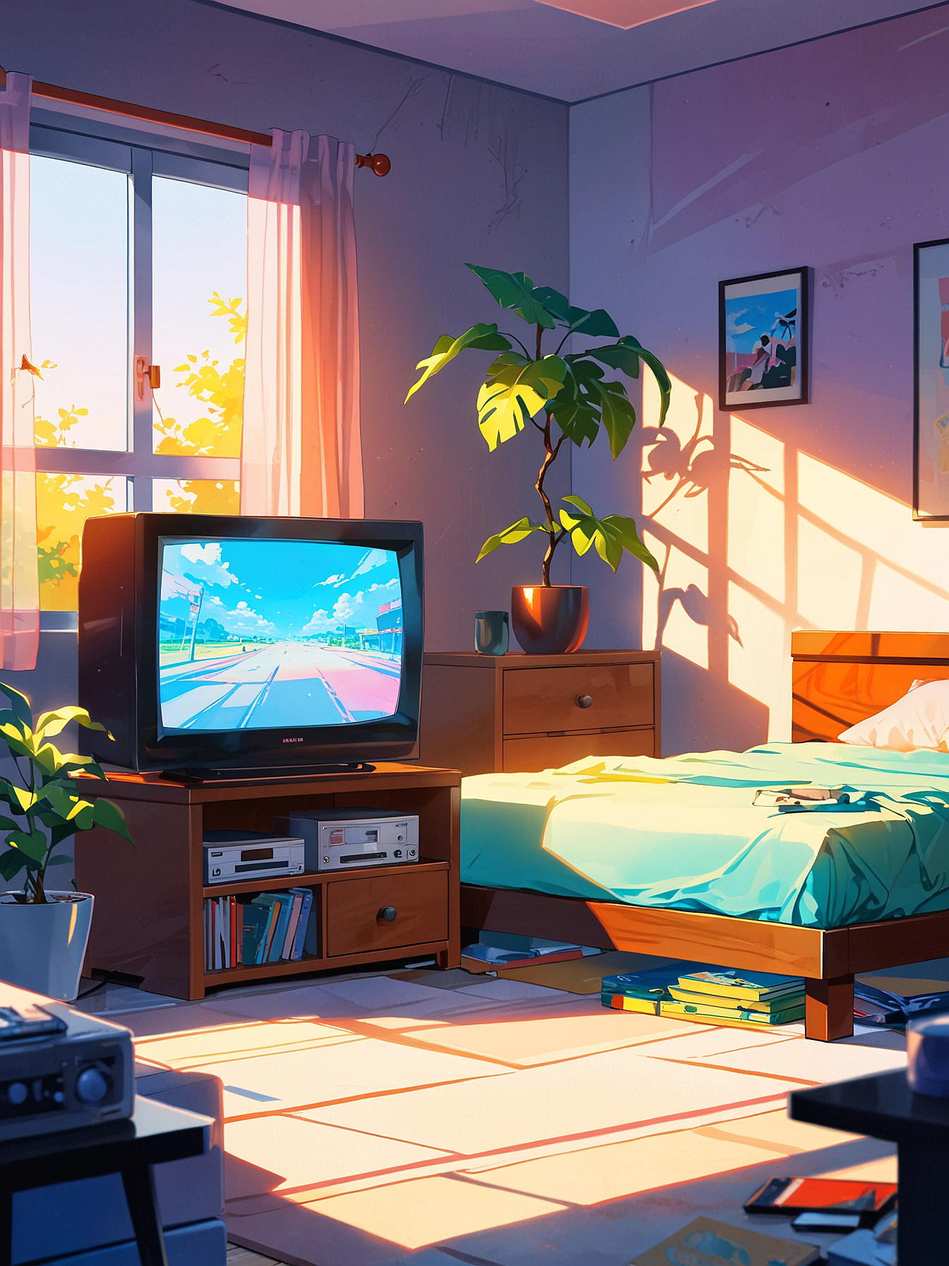 Modern day bedroom with a TV and a pc game system, sunlight is lighting up the bedroom