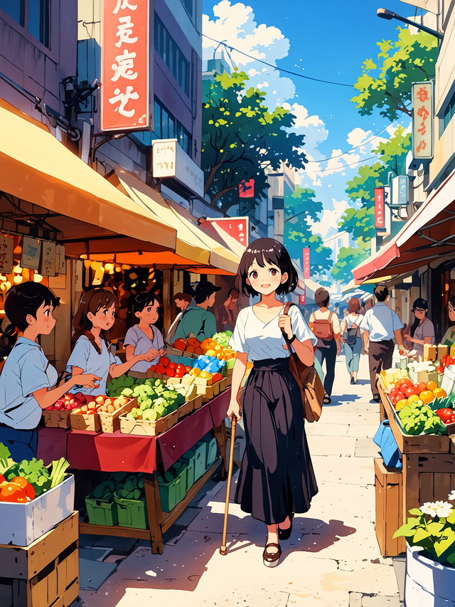 You help the blind girl navigate through the bustling market, guiding her to avoid obstacles.