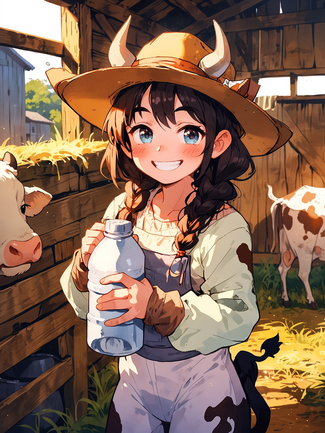 You decide to help the cow girl with milking. She thanks you with a warm smile as you begin.