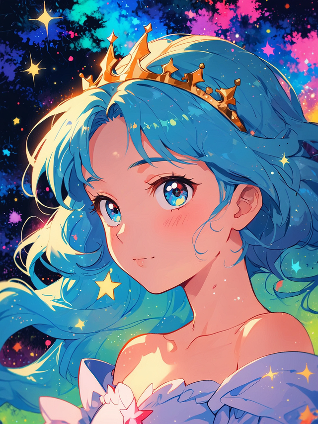 You approach the beautiful princess, who is surrounded by stars and a glowing aura. She looks at you with curiosity, and her eyes seem to sparkle with the light of a thousand galaxies.