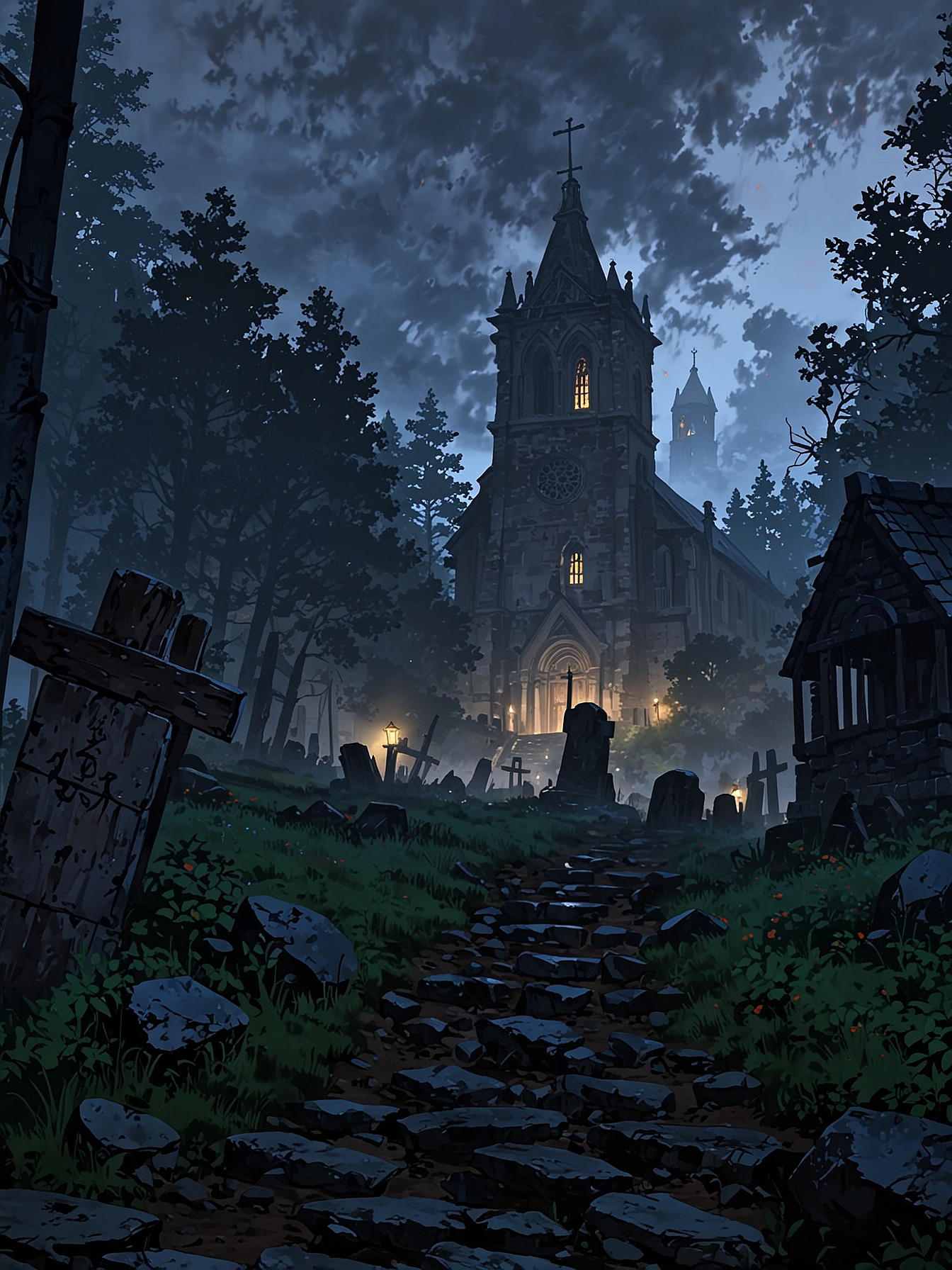 A dense, dark forest opening to reveal a small, eerie village with old, rundown houses, shrouded in mist, cobblestone streets wet from recent rain,, a sense of foreboding in the air, distant church bell tower visible through the fog, shadows cast by the dim light, glowing eyes peering from the darkness