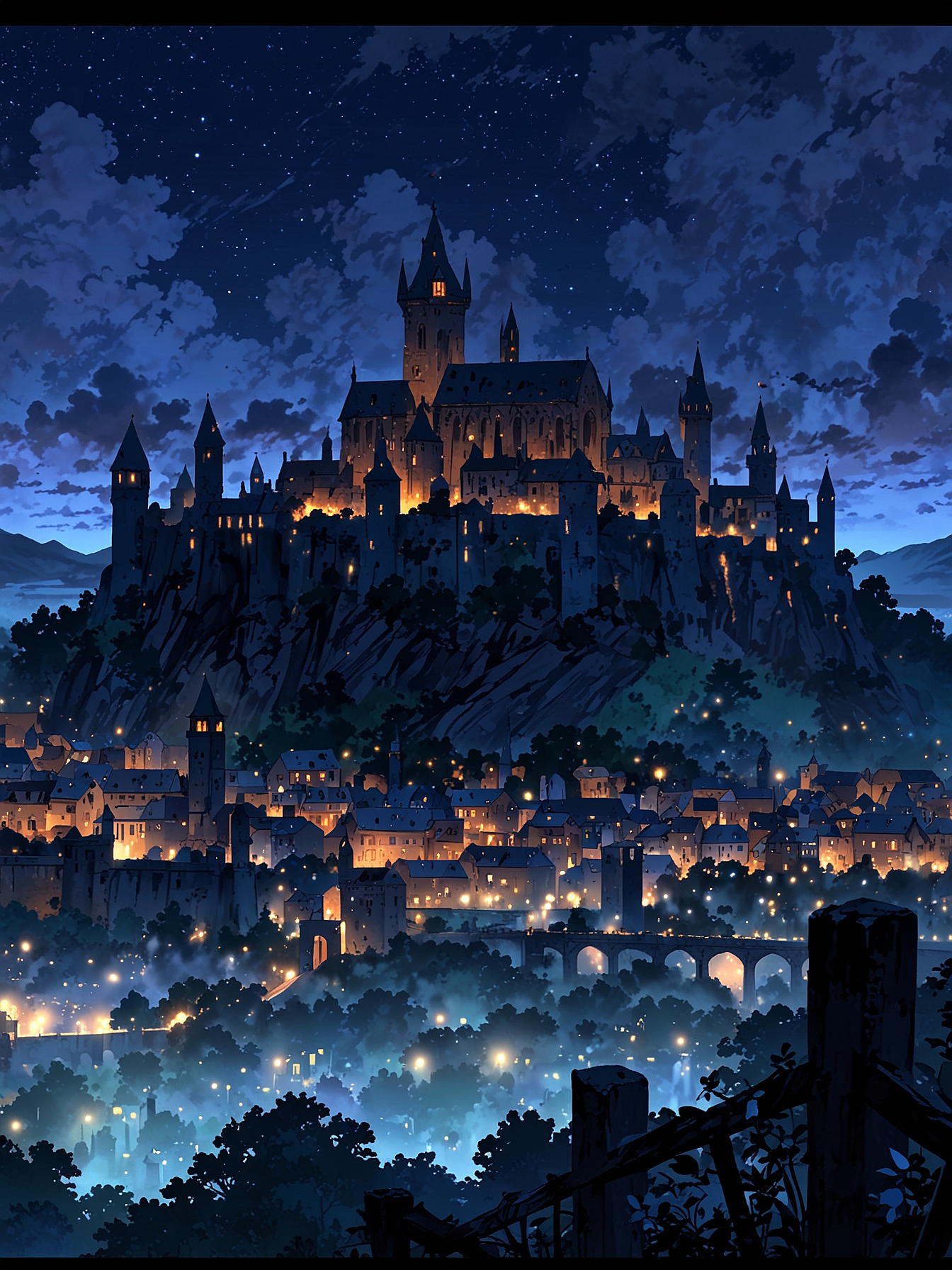 grand medieval city in the distance, night, fog all around, mist thickening, lights of the city barely visible