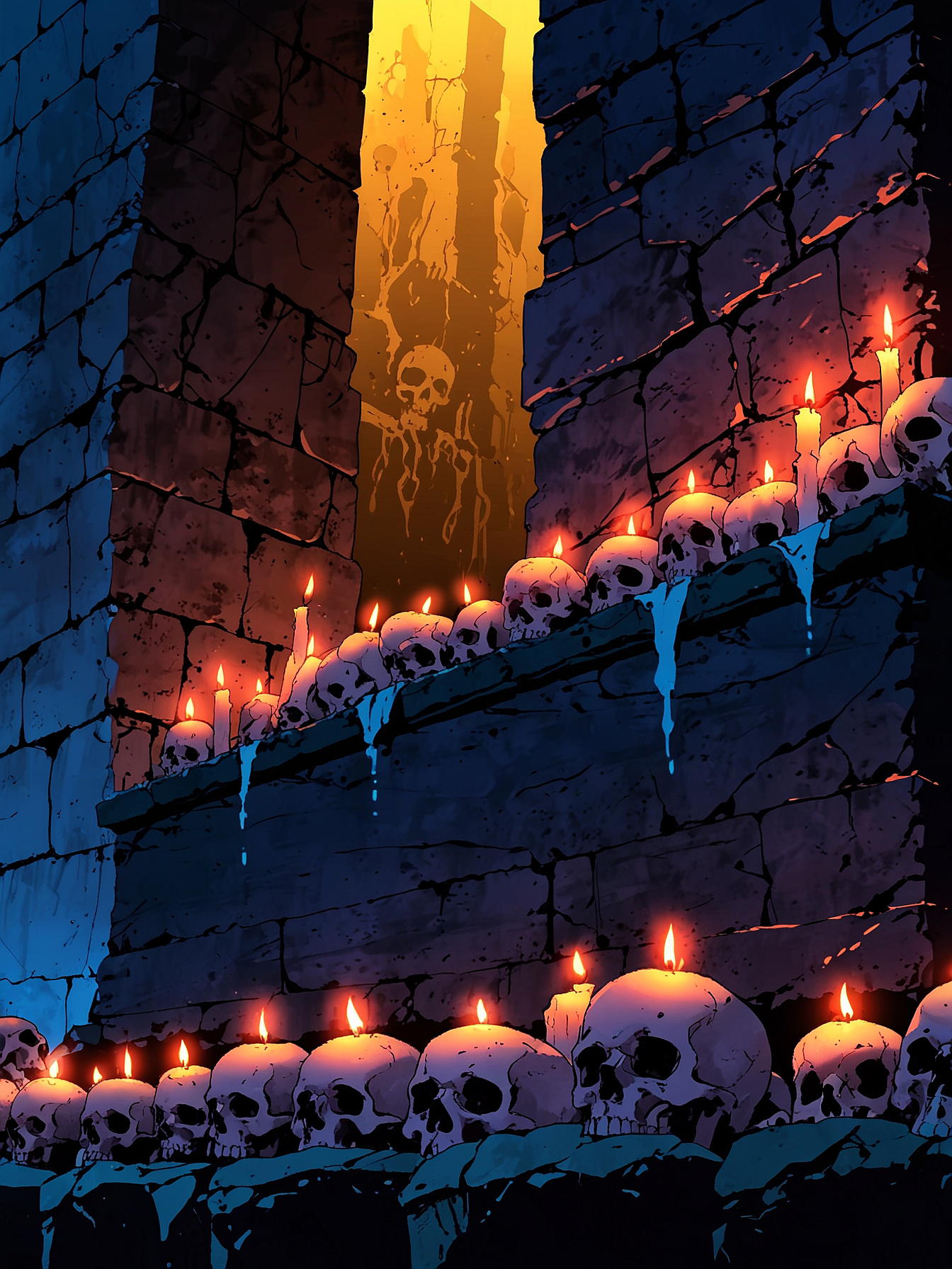 dark underground necropolis, ancient skulls lining the walls, dimly lit with flickering candles