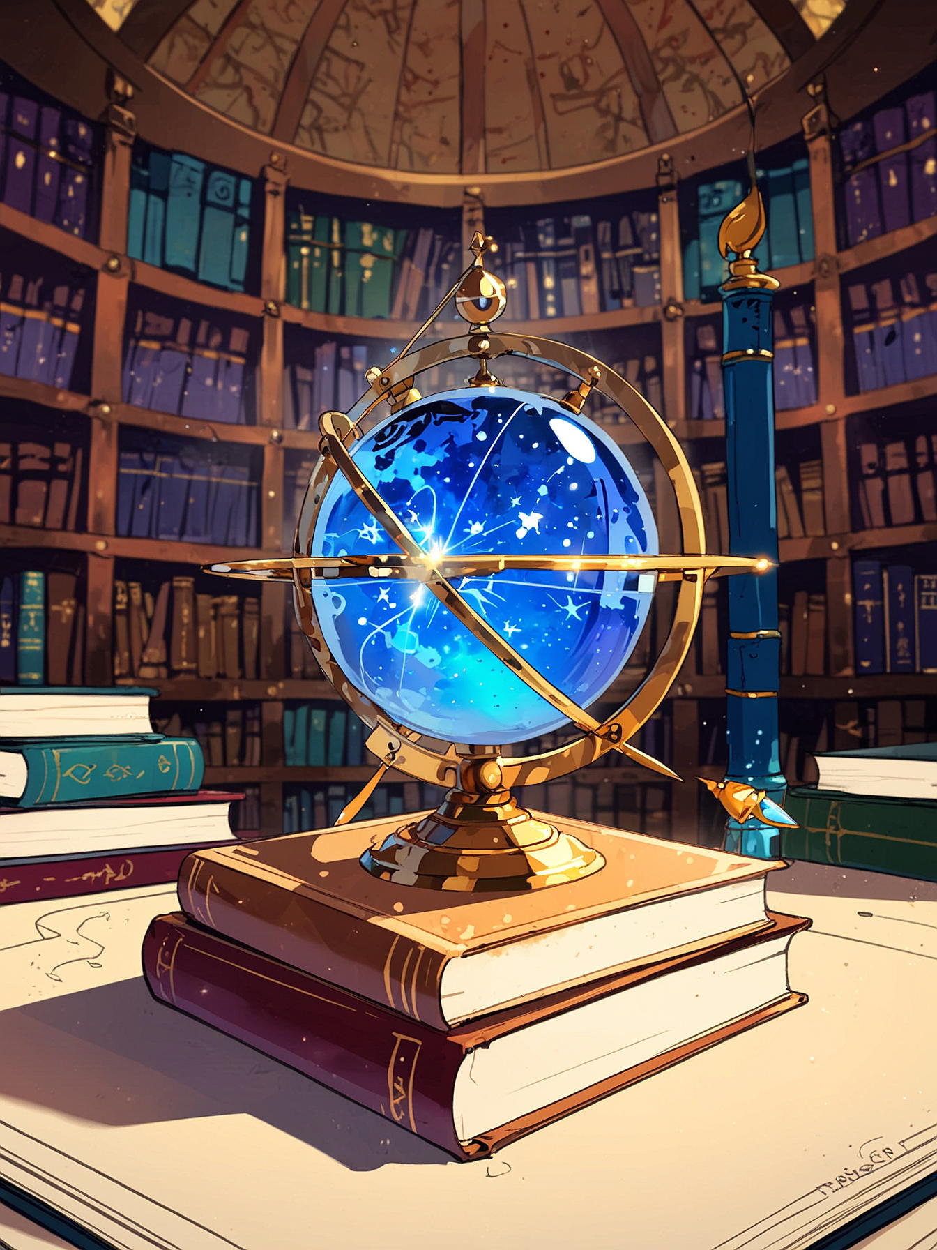 grand fantasy library, magic, books, candle light, armillary sphere in the middle, blue sparks