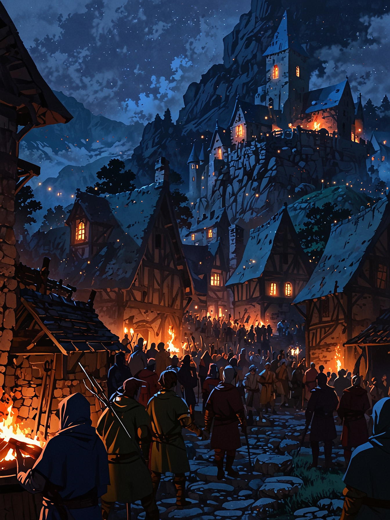 Medieval village, manor, a throng of people with torches and pitchforks, night, darkness, fog