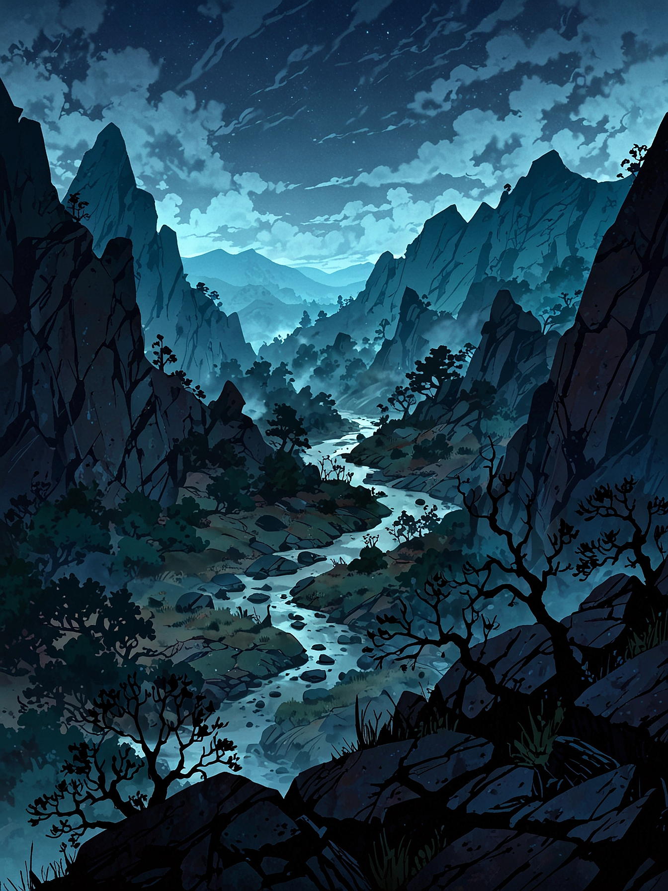 a shadowy valley with twisted trees, jagged rocks, eerie mist, mountains on both sides, evening, darkness