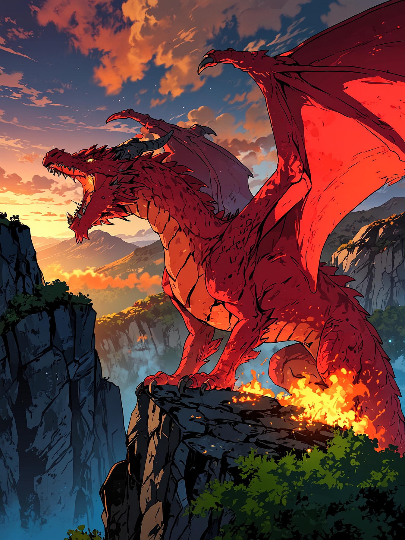 A red dragon spews fire over a lush valley sitting on a cliff, medieval fantasy setting, fiery sky, distant mountains, evening, darkness