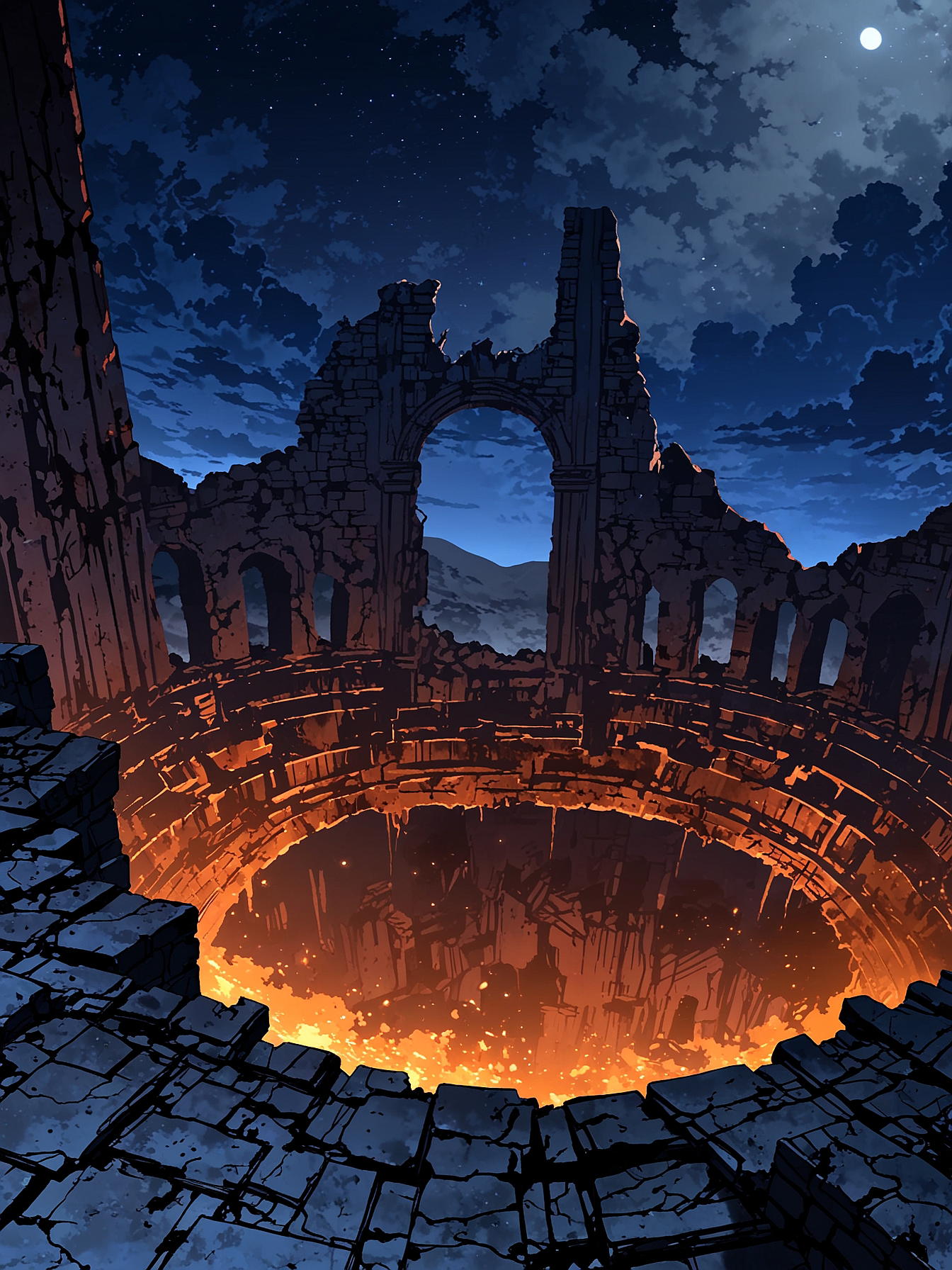 Grand city in ruins in a large crater, beautiful architecture destroyed by the passage of time, darkness, seen from afar, night, no light only darkness, monsters below