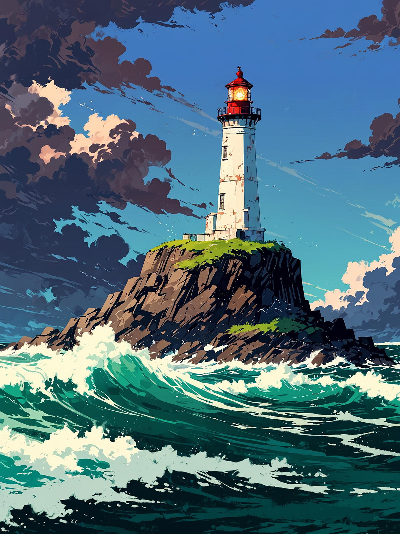 A stormy sea, a towering lighthouse with a flickering light, dark clouds, ocean waves crashing against the rocks.