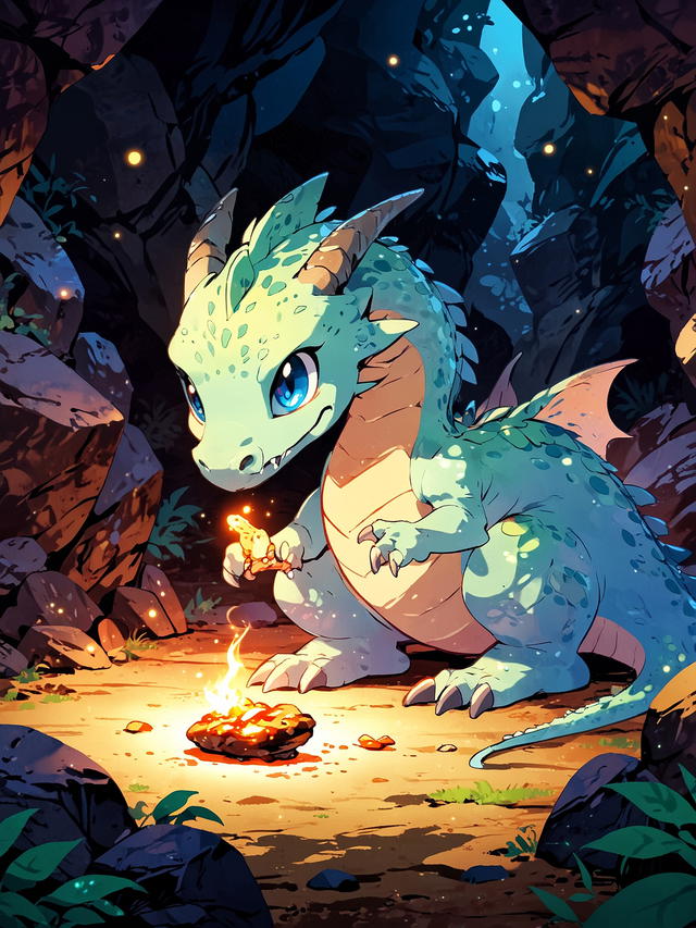 You cautiously enter the dragon's cave, where a young dragon watches you curiously. With gentle words and gestures, you approach, offering a treat. The dragon sniffs it and slowly warms up to you, its eyes filled with curiosity and trust.