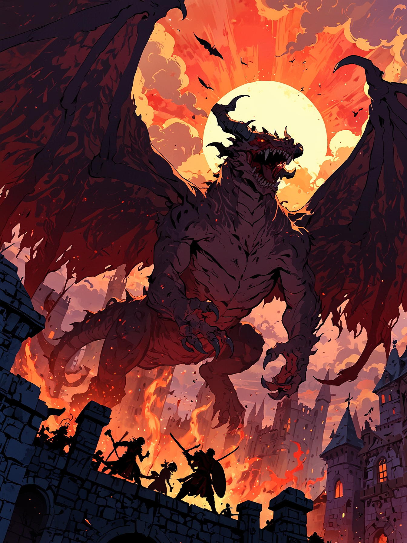 Fantasy, medieval city under siege from monsters and demons, large scale battle, a large demon and angel battling in the sky, chaos all around, crimson dusk