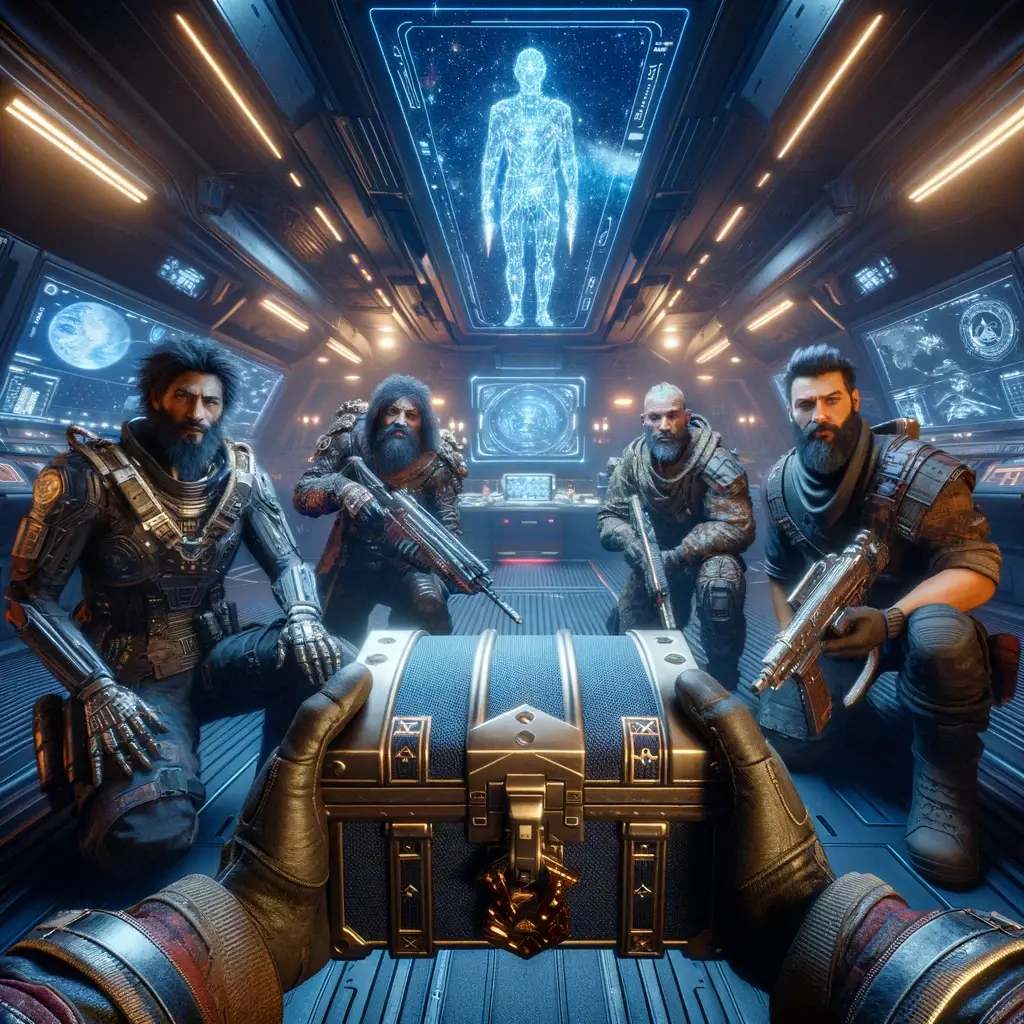 A first-person perspective image showing a group of rugged, diverse space pirates in a futuristic, dimly lit spaceship cabin, offering a treasure chest to the viewer, with a hologram of a Galactic Authority officer in the background. The cabin is filled with high-tech gadgets and star maps.