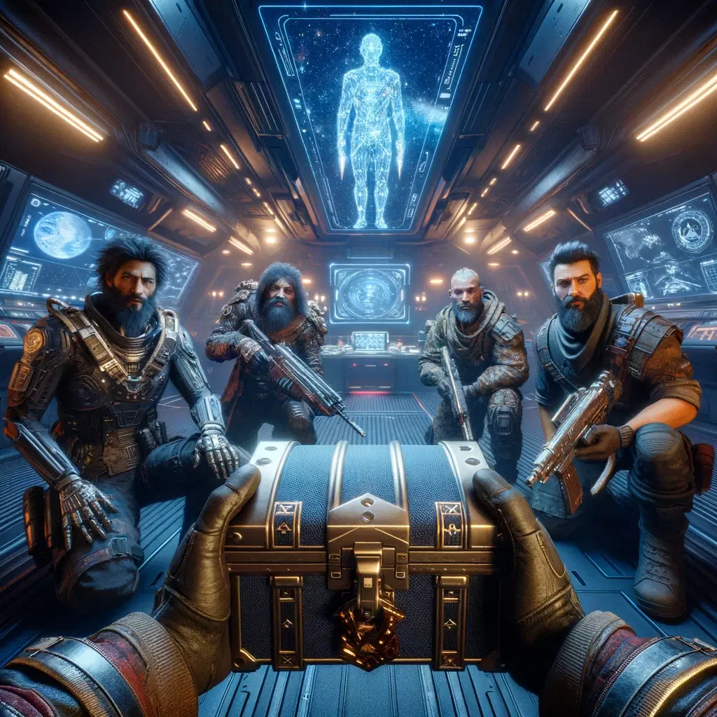 A first-person perspective image showing a group of rugged, diverse space pirates in a futuristic, dimly lit spaceship cabin, offering a treasure chest to the viewer, with a hologram of a Galactic Authority officer in the background. The cabin is filled with high-tech gadgets and star maps.