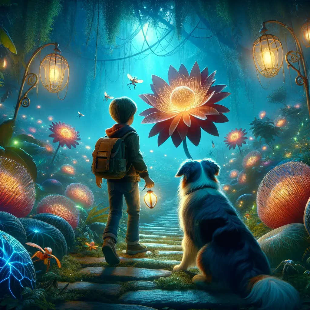 From a first-person perspective, depict a young boy and his Australian Shepherd discovering a magical, glowing flower in an enchanted garden at twilight. The garden is filled with luminescent insects and mysterious plants, creating a fairy tale atmosphere.