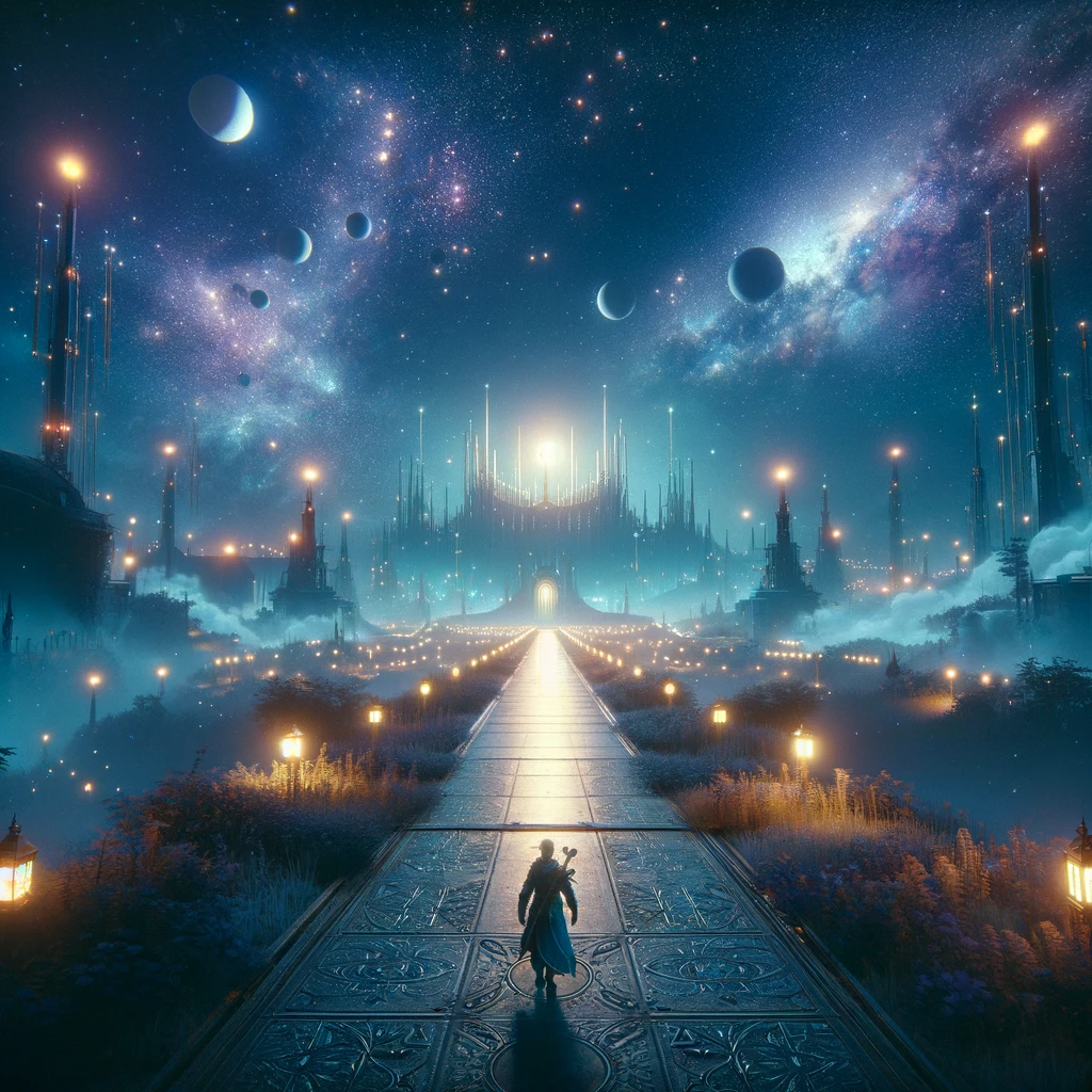 A first-person perspective of a path leading to the majestic Star Palace, under a starry night sky with celestial bodies illuminating the way. The scenery is mystical, filled with soft glowing lights and hints of unknown wonders.