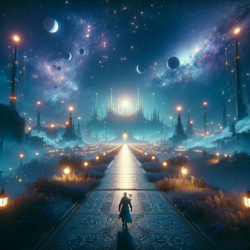 The protagonist decides to venture to the enigmatic Star Palace, a mystical place rumored to grant profound knowledge and power. Amidst a starry night sky, the journey begins on a path illuminated by glowing celestial bodies, hinting at wonders and challenges ahead.