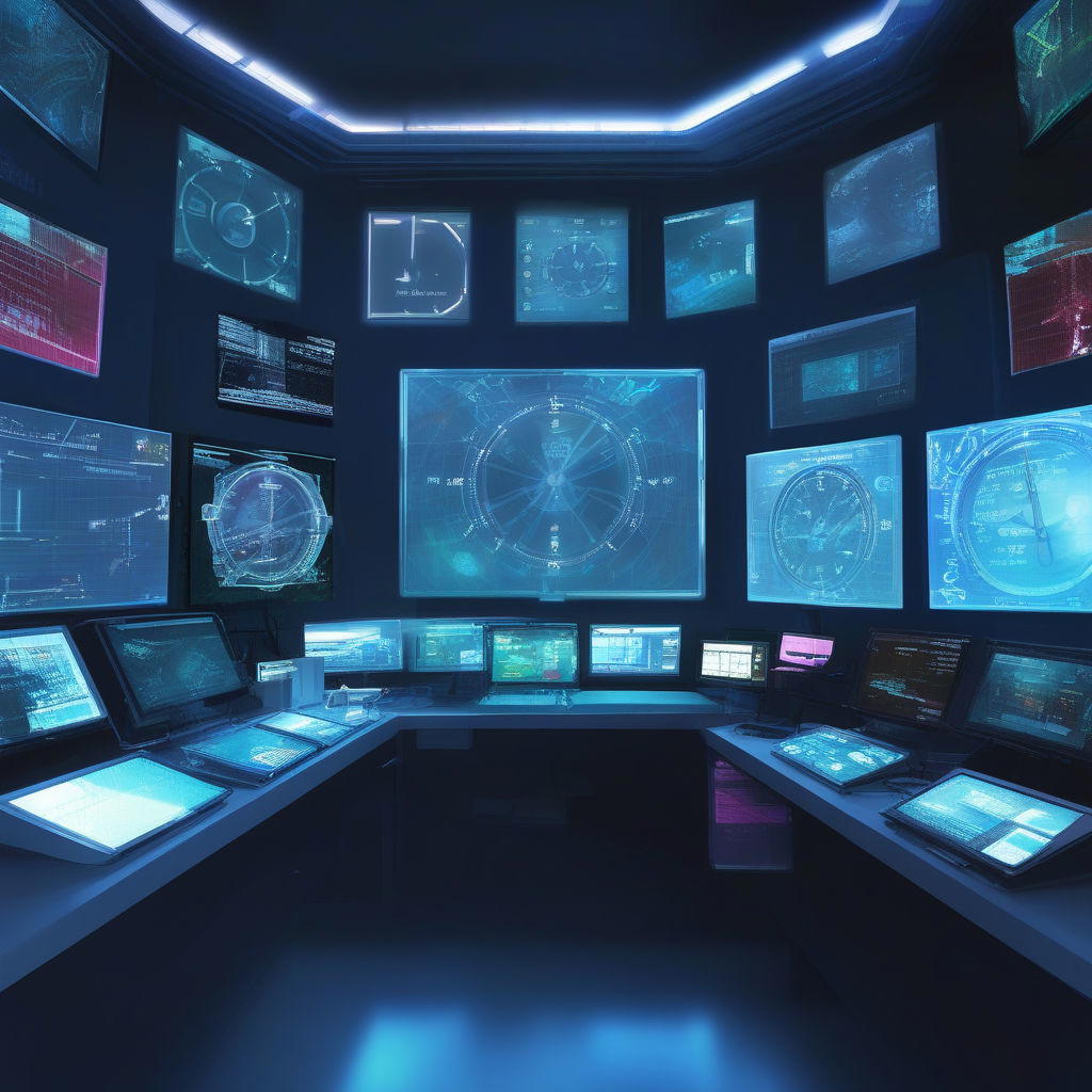 First-person perspective of a newly awakened AI in a sterile lab room, surrounded by glowing monitors displaying various data about the world, with a sense of awakening and purpose.